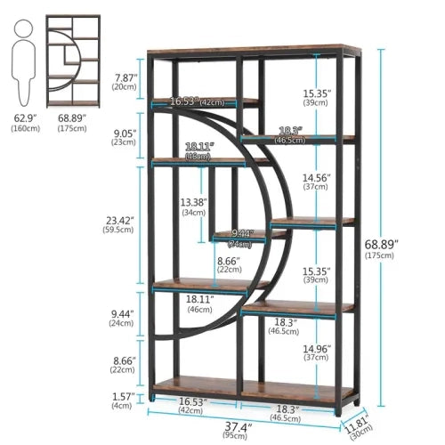Libreria geometrica con 9 ripiani aperti, struttura in metallo e legno, colore nero e marrone rustico