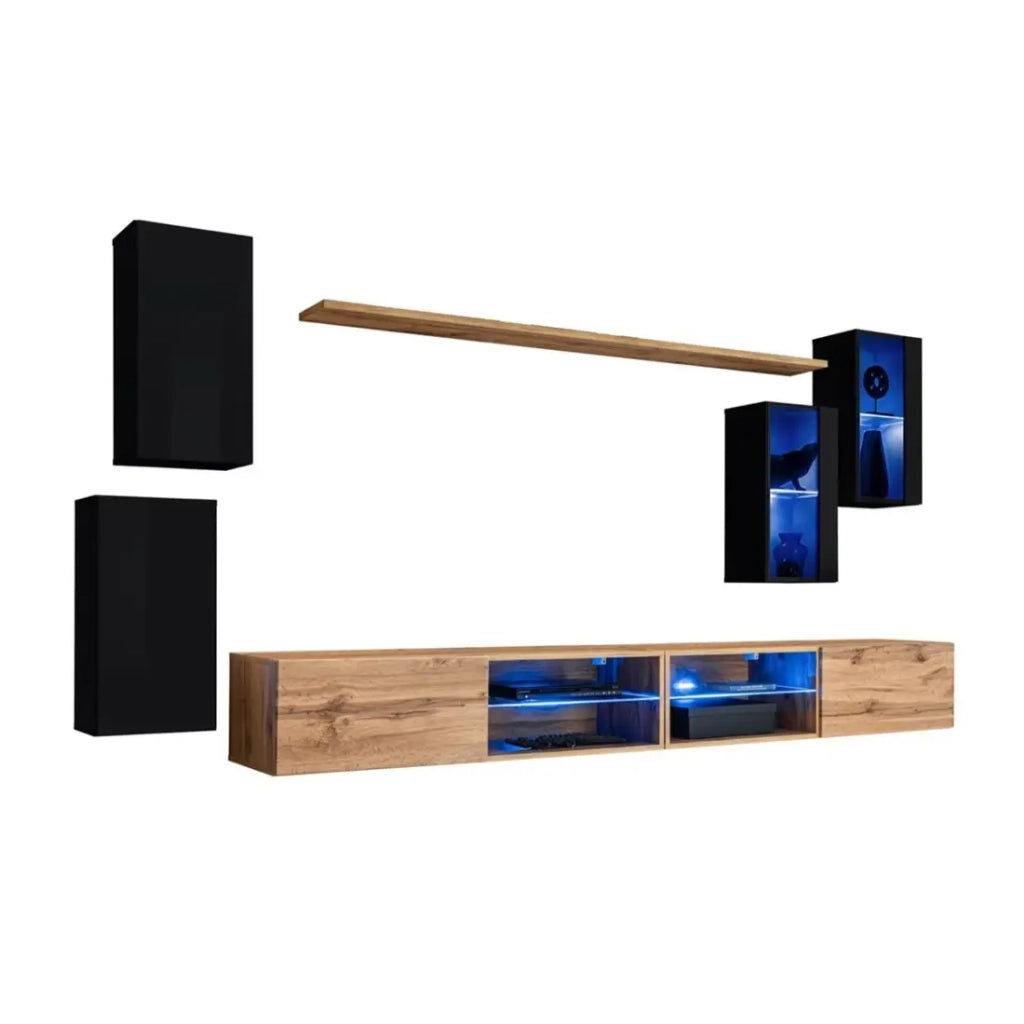 Set di mobili per soggiorno SWITCH XXV – LED – Nero e Rovere – Design sospeso