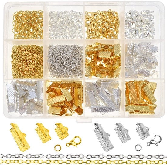 Accessori per gioielli - 498 pezzi - Finestra metallica - Chiusura a molla - Catena allungabile - Anello a molla - Fermo tutto - Per la creazione di gioielli - Accessori per gioielli