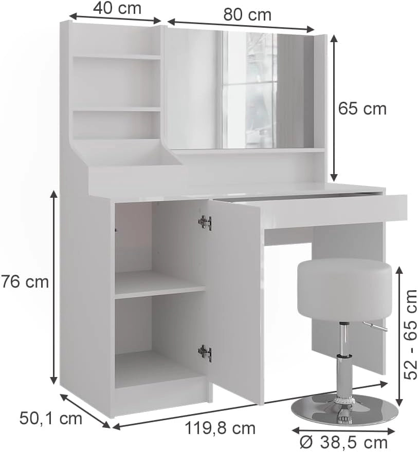 Tavolo da toeletta Sherry, Bianco/bianco lucido, 119.8 cm 4 parti
