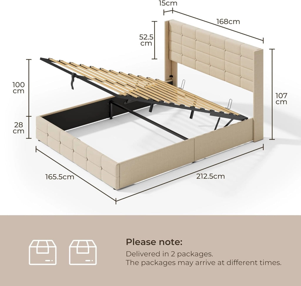 Letto contenitore idraulico 160X200CM, letto matrimoniale imbottito con testiera e contenitore, giroletto con rete a doghe, letto per ragazzi, senza materasso,Beige