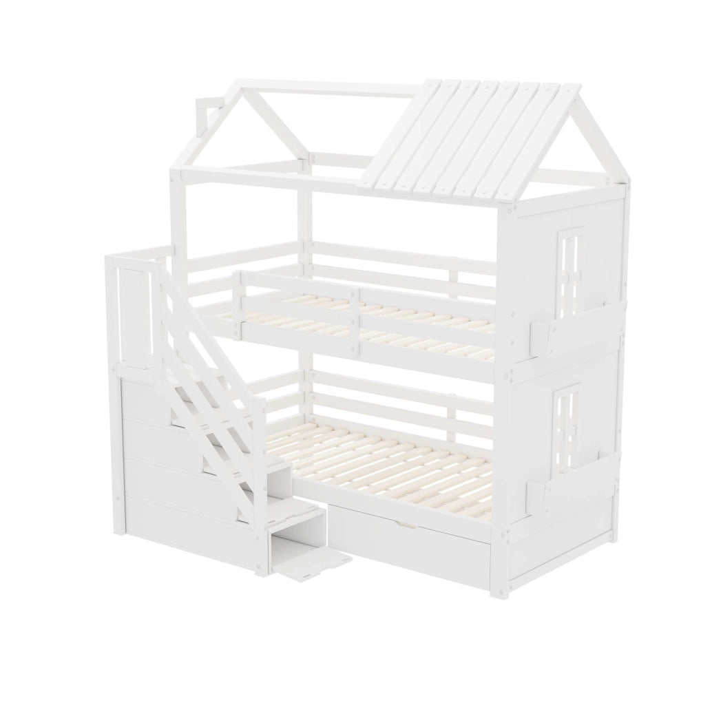 Letto a castello per bambini 90x200 cm con scala contenitore; cassetti e ripiani; bianco