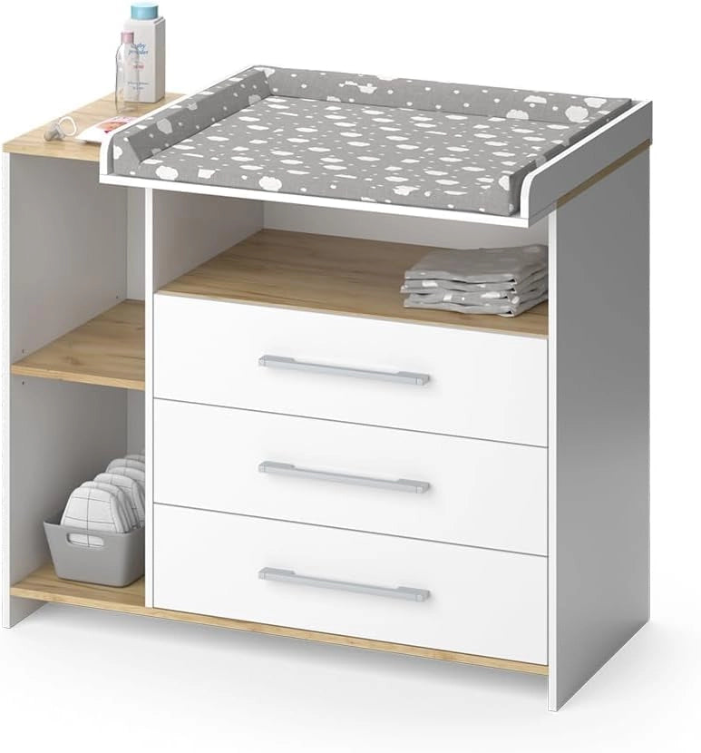 Fasciatoio Oskar, Rovere bianco/dorato, 113 x 93 cm con 3 cassetti