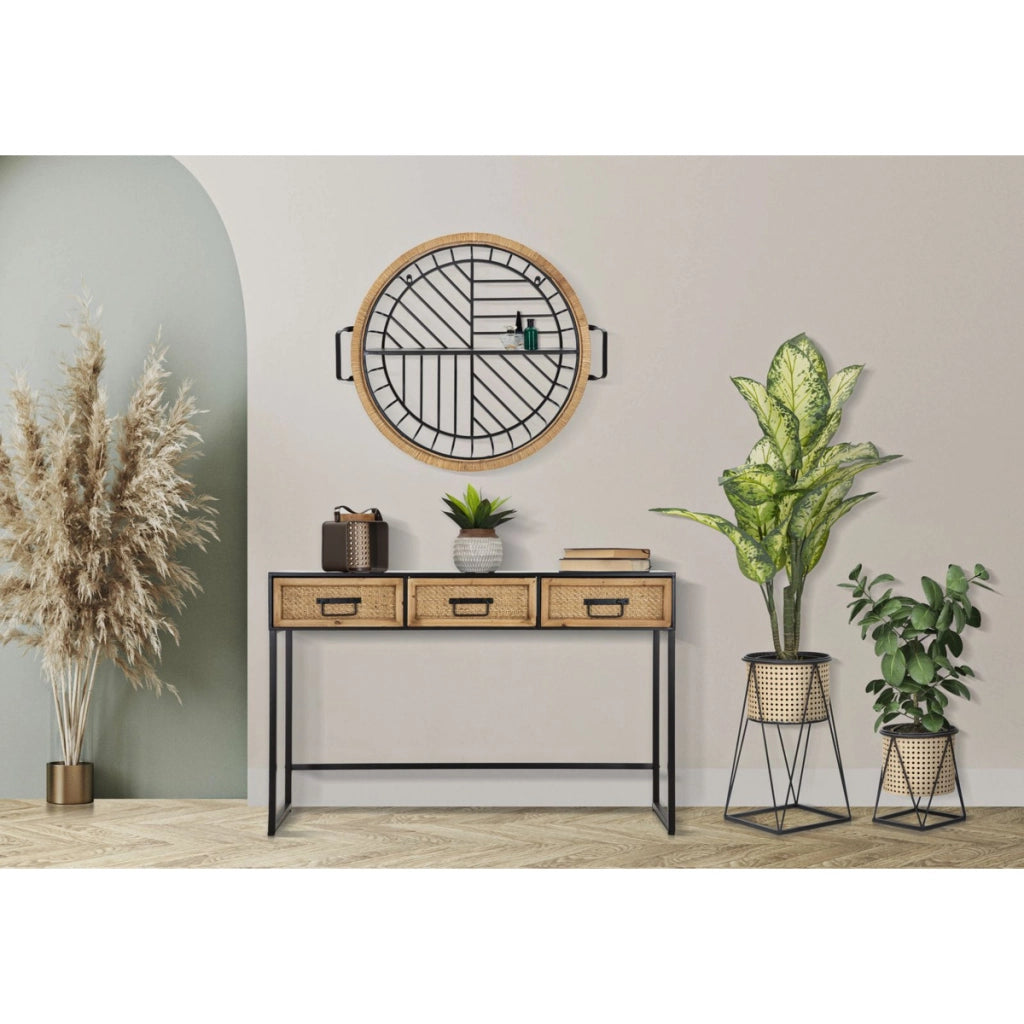 Mensola da muro Cebu a 2 ripiani in ferro e rattan — 72,5x18x65 cm