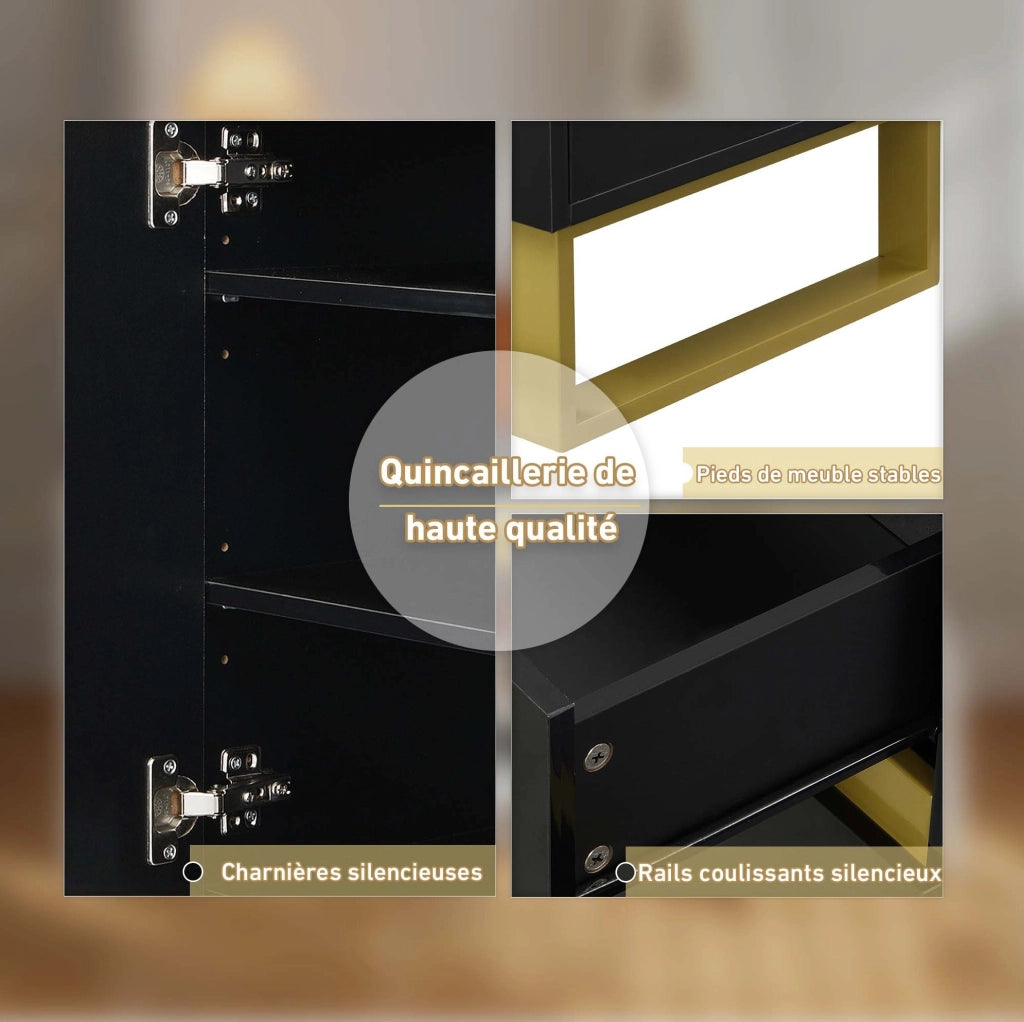 Scarpiera multifunzione con panca e cuscino; 120x35x85 cm; MDF nero lucido con dettagli oro