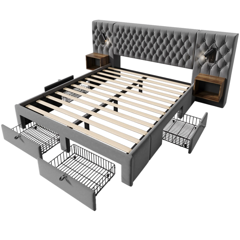 Letto matrimoniale 180x200 cm in velluto grigio con 2 comodini; 4 cassetti e luce lettura