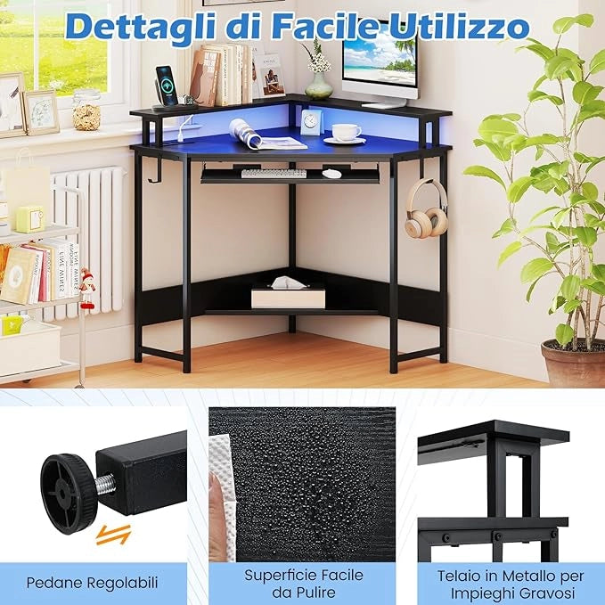 Scrivania per Computer, Scrivania Gaming Triangolare con Stazione di Ricarica, LED, Vassoio per Tastiera e Supporto per Monitor, 80 x 80 x 88 cm, Desk Salvaspazio con Ganci e Scaffale (Nero)