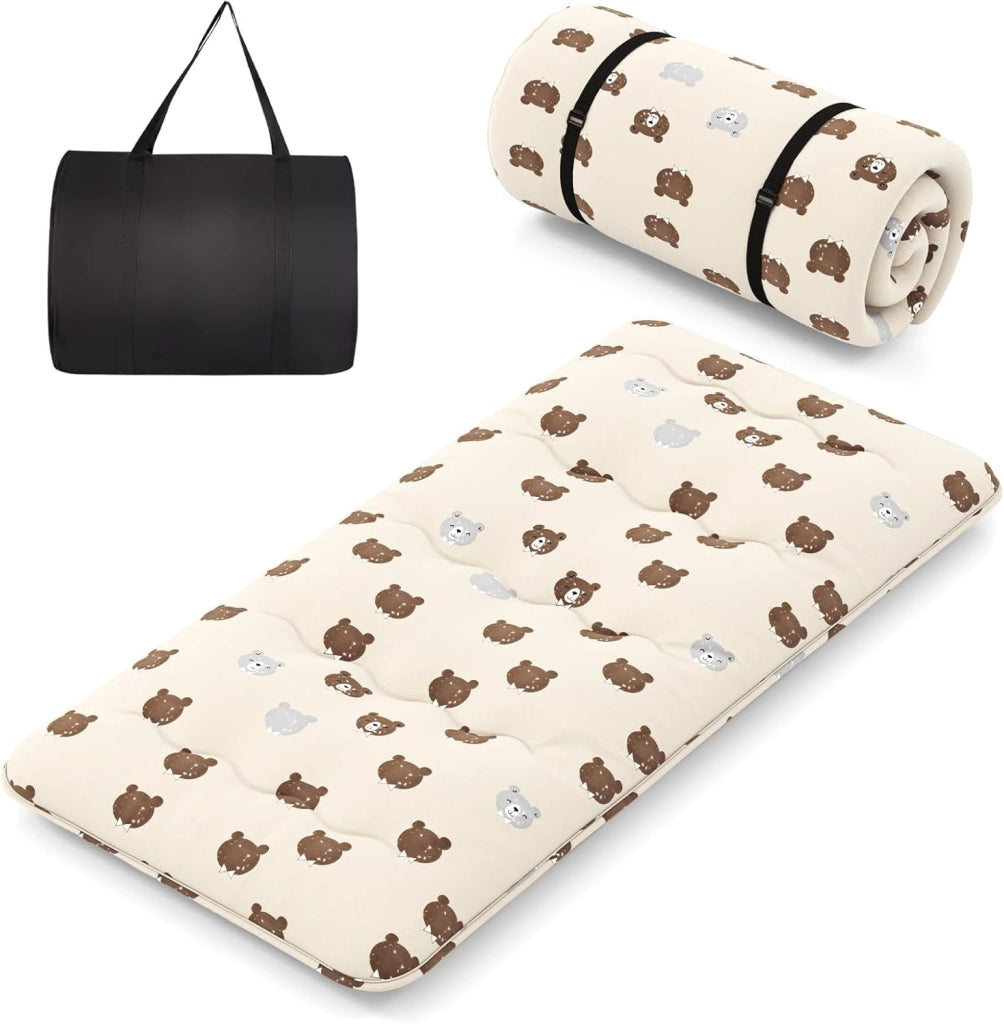 Materasso Futon Pieghevole, Materasso Portatile con Sacca da Trasporto per Camping, Materasso da Terra con Copertura Lavabile (200 x 90 cm, Marrone)