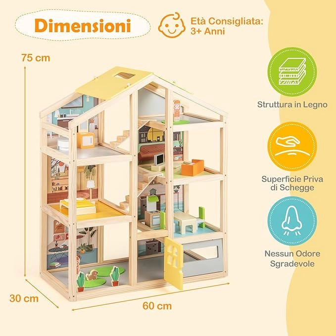 Casa delle Bambole in Legno, Casa Bambole con 4 Piani, 7 Stanze, Garage e Scale, Casetta Giocattolo Educativo con 18 Mobili Accessori e 3 Figure, per Bambini 3+ Anni, 60 x 30 x 75 cm