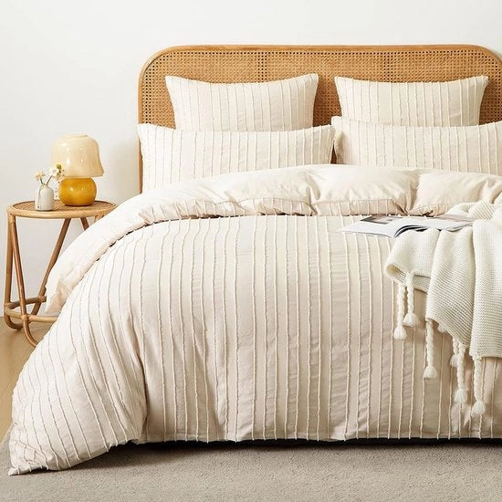 Set di coperte bohemiane, 200 x 200 cm, beige, bordo a fiori, striato, stile bohemiano, copertina per letto, estremamente morbido, microfibra lavabile, set di coperte per letto con chiusura a zip e 2 x