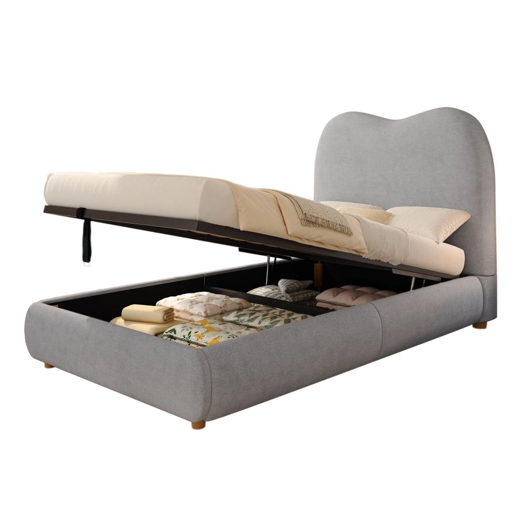 Letto singolo imbottito 90 x 200 cm con contenitore idraulico, testiera imbottita, rete a doghe, grigio