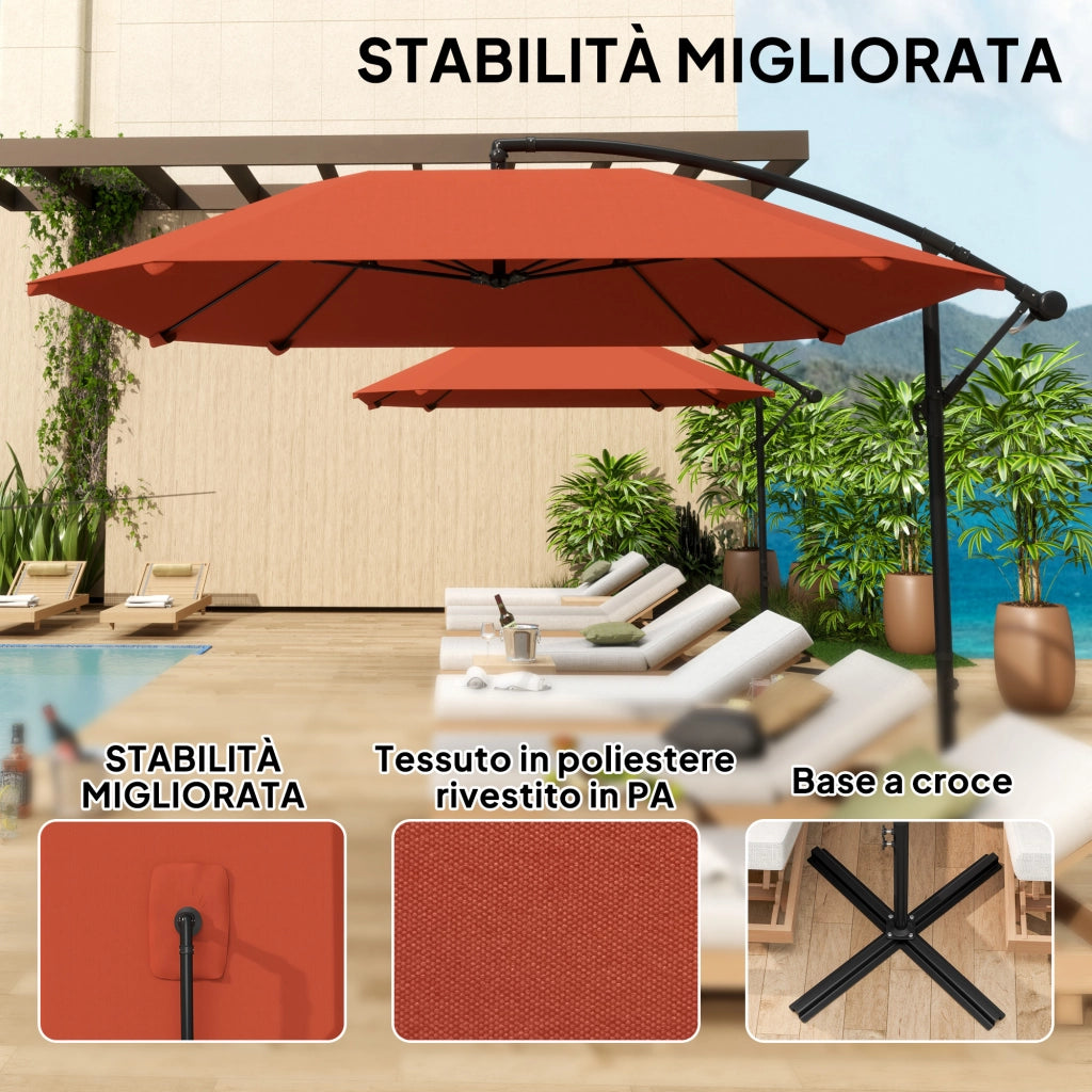 Ombrellone a Sbalzo con Copertura Regolabile e Base a Croce, in Metallo e Poliestere, 260x304x245 cm, Bordeaux