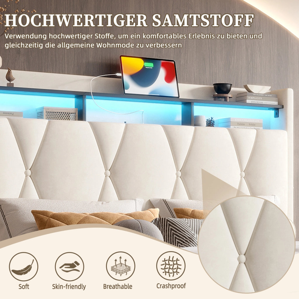 LETTO Contenitore 160x200 cm in velluto beige con LED e porte USB/Type-C