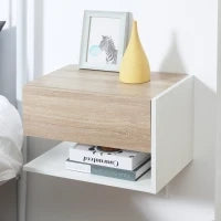 Set di 2 Comodini Sospesi a Parete con Cassetto e Mensola, Arredamento Moderno Camera da Letto, Bianco e Rovere