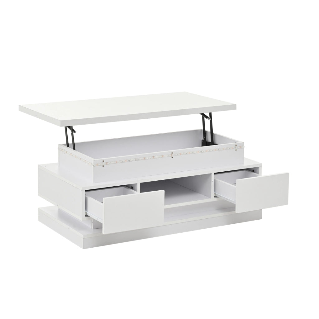 Tavolino basso sollevabile con LED, 2 cassetti e vano nascosto, per soggiorno, in truciolare, bianco, 100 × 50 × 40 cm