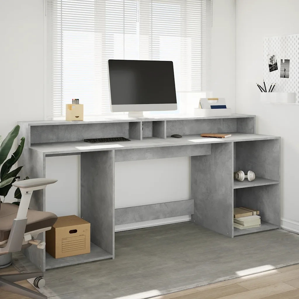 Scrivania | Tavolo da Ufficio con Luci LED Grigio Cemento 200x55x91 cm Truciolato