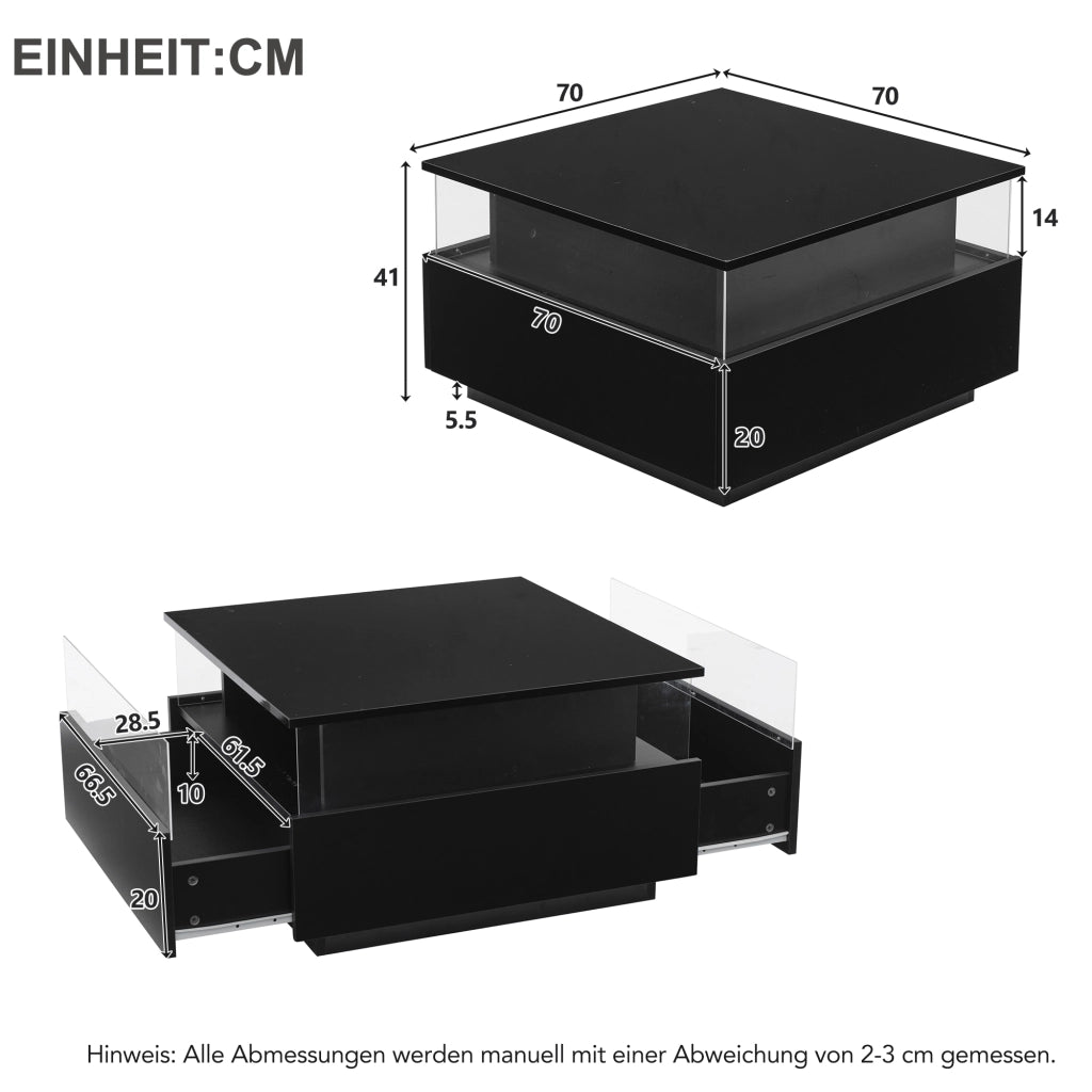 Tavolino da caffè 70x70x41 cm; LED regolabile via app con 2 cassetti; pannello lucido; truciolato nero