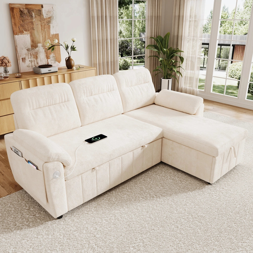 Divano angolare convertibile con letto estraibile chaise longue reversibile con contenitore in chenille beige per casa