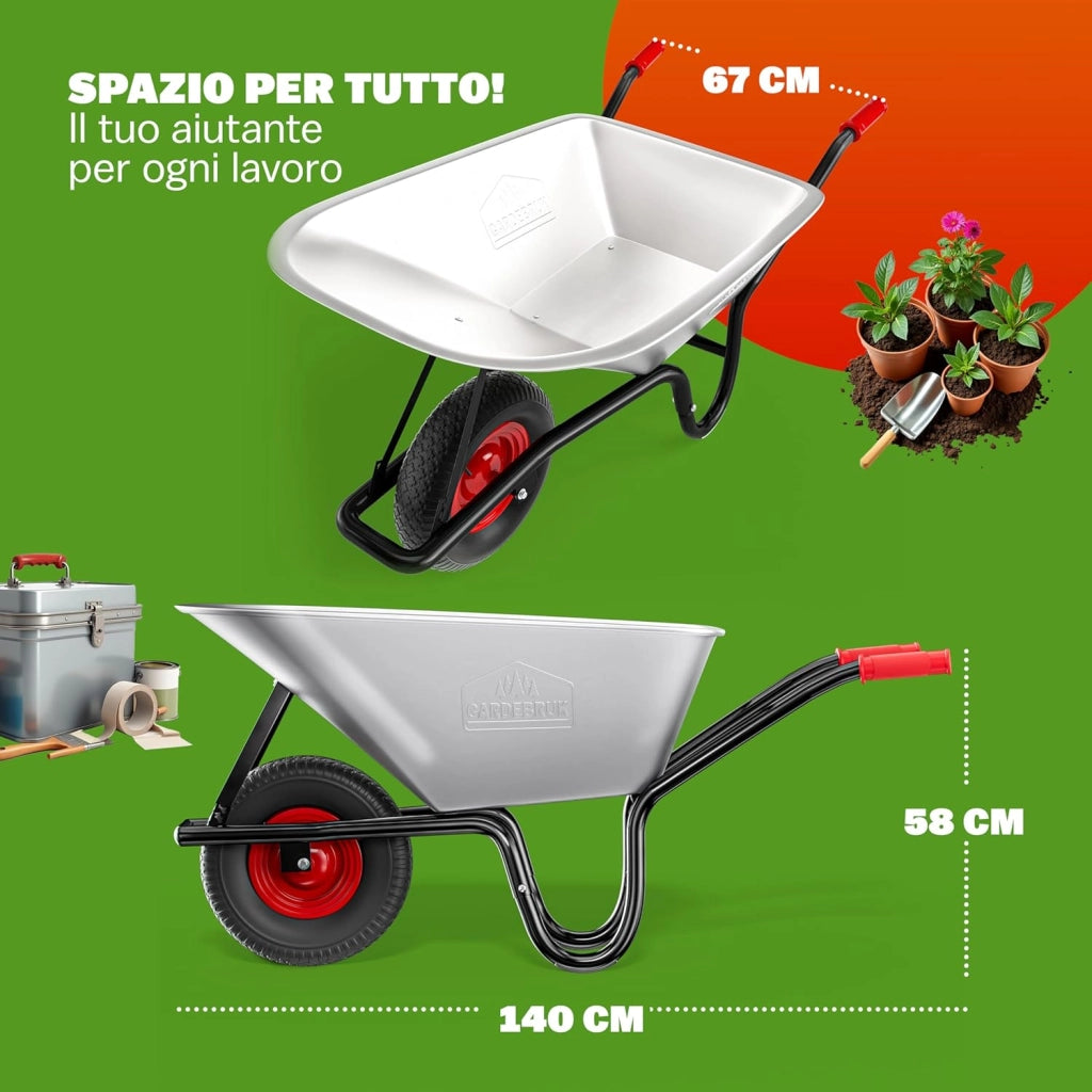 Carriola da Giardino 100 Litri 250kg Acciaio Zincato Manici Gommati Ergonomici Carriole per Fiori Carriola da Costruzione Trasporto Legna