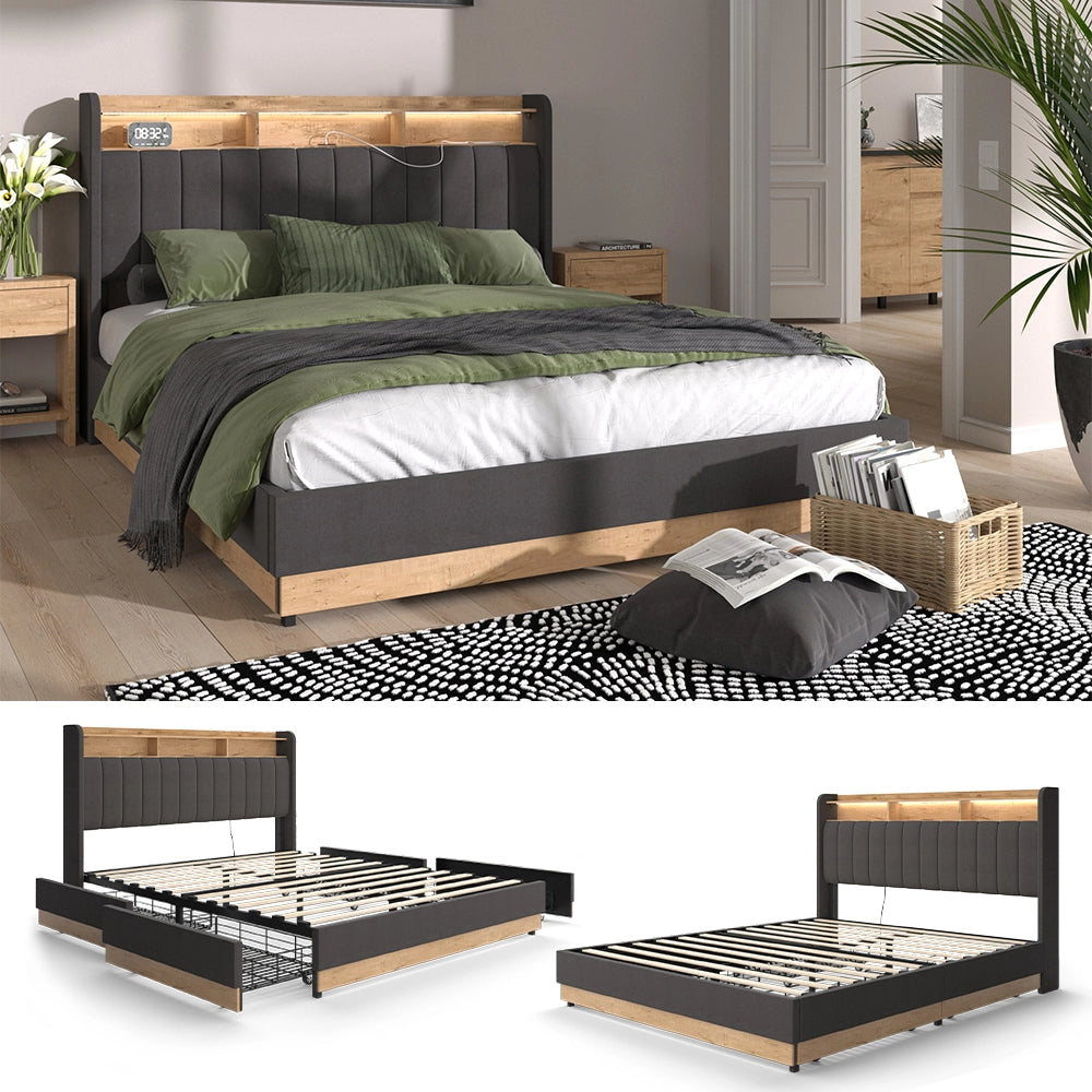 Vitalispa Letto imbottito Antracite 160x200 cm con 4 cassetti