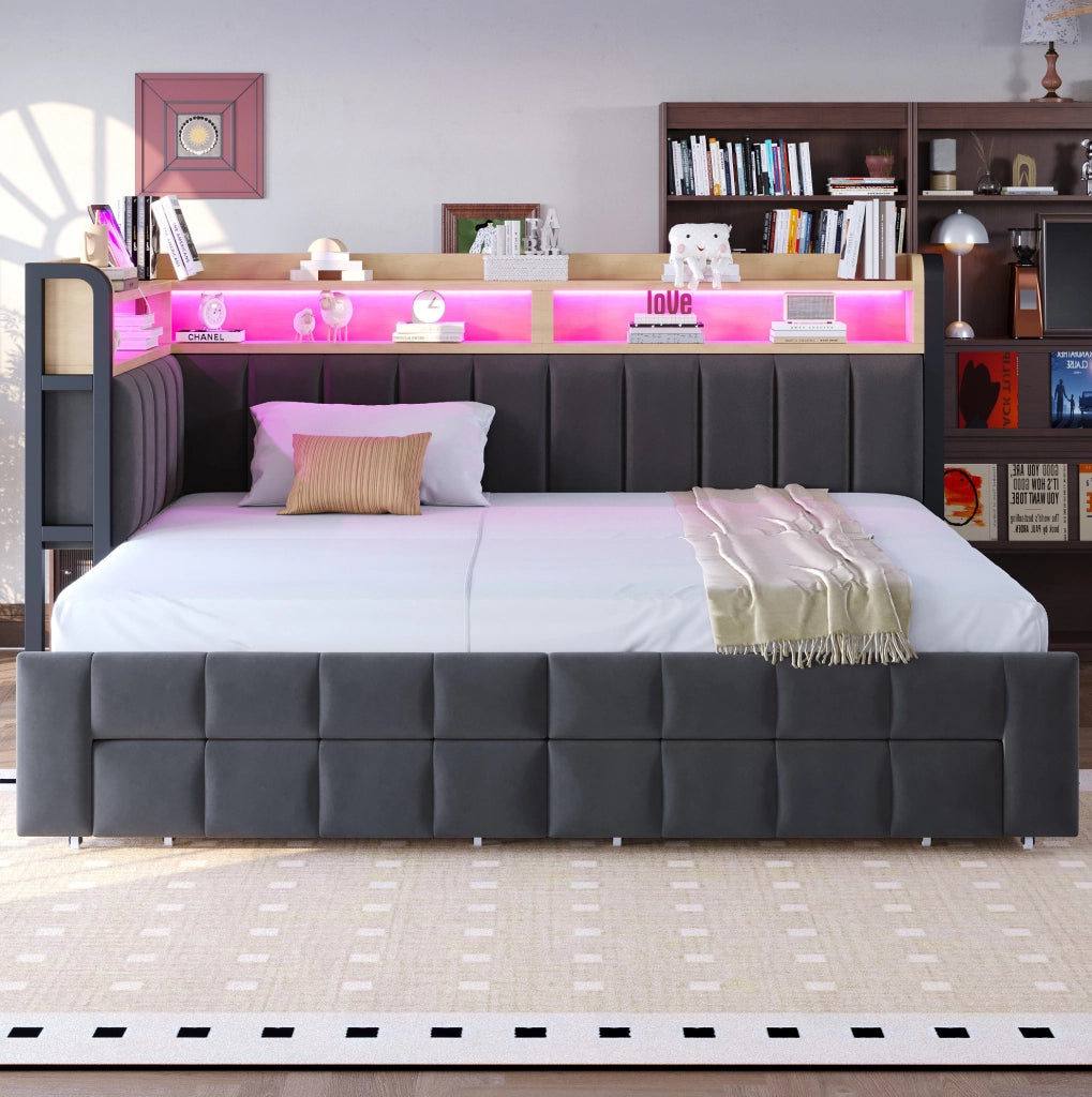 Divano letto estraibile 90/180 x 200 cm con 2 cassetti; LED; USB e Type-C; velluto grigio scuro