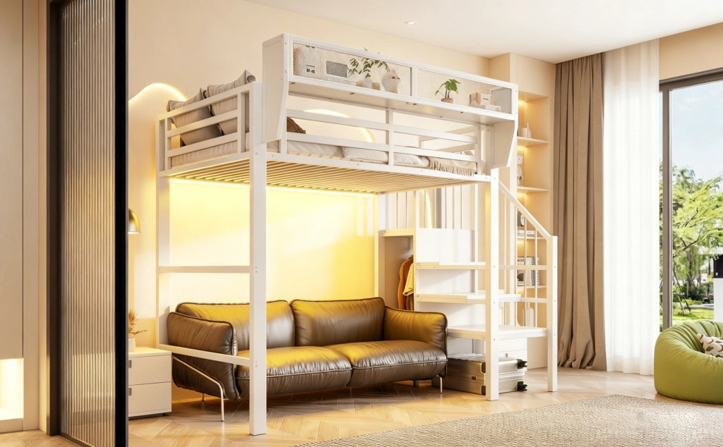 Letto a soppalco 90x200 con scala di sicurezza e LED, metallo e MDF, bianco e nero