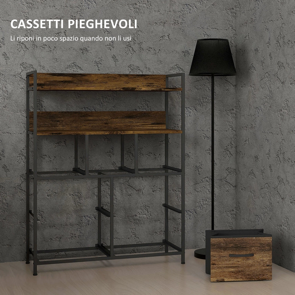 Cassettiera 7 Cassetti Rimovibili con 2 Ripiani Industriale in Legno e Acciaio, 79x29x101 cm, Marrone e Nero