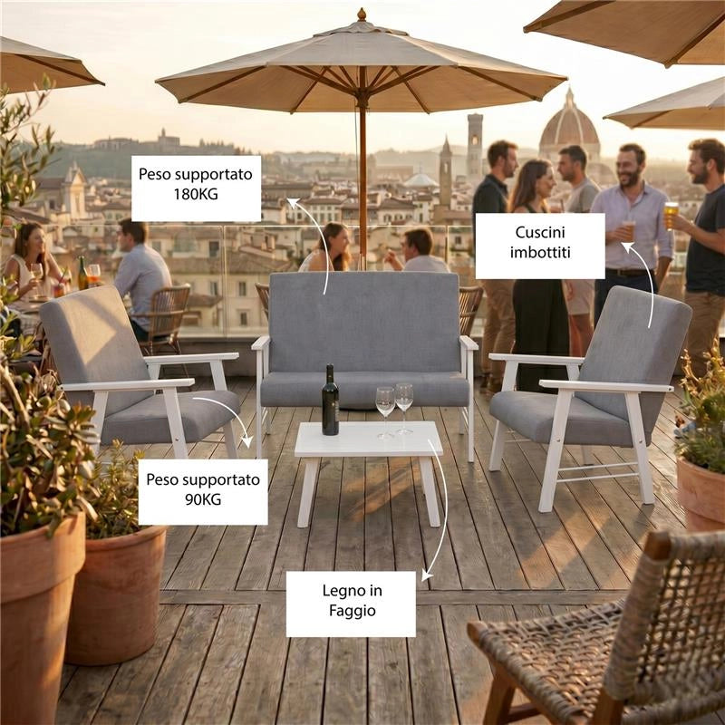 SET SALOTTO DA GIARDINO CON DIVANO, 2 POLTRONE + TAVOLINO IN LEGNO BIANCO E TESSUTO COLORE GRIGIO