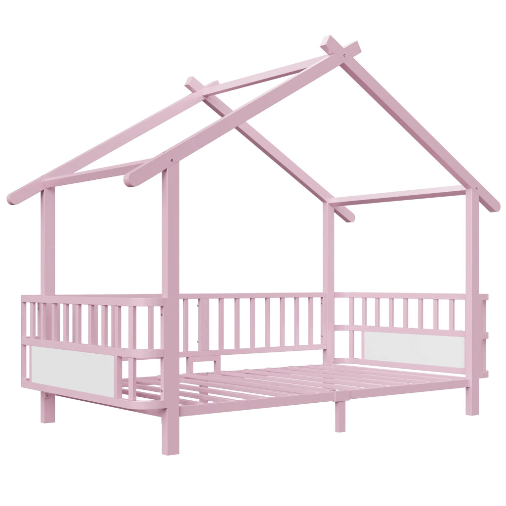 Letto per bambini in metallo a forma di casa 90 x 200 cm, con sbarre di sicurezza, design a tetto, rosa