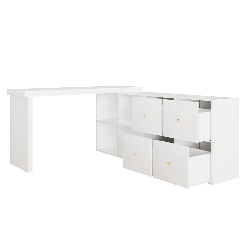 Scrivania angolare girevole 360° in MDF bianco con 4 vani, 4 cassetti, struttura 4 cm, 120×48×78 cm + 140×35×74 cm