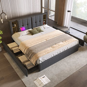 LETTO 160x200 cm in lino grigio con ricarica wireless, USB e 4 cassetti