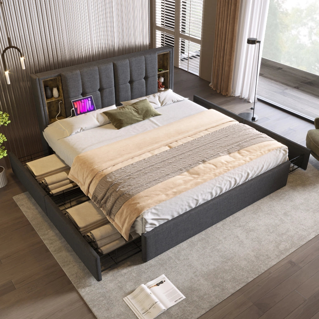 LETTO 160x200 cm in lino grigio con ricarica wireless, USB e 4 cassetti