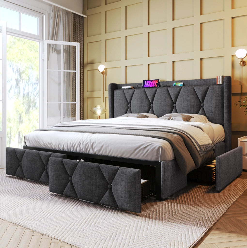 Letto imbottito 140x200 cm grigio con materasso, 4 cassetti, prese USB e rete