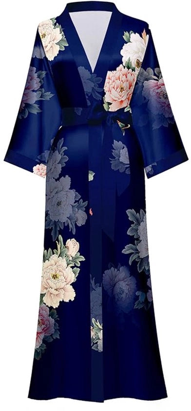 Kimono da camera per signora a lunghezza regolare con tessuto satinato, abito da bagno morbido per donne, kimono da sposa (blu marino - rosa camelia)