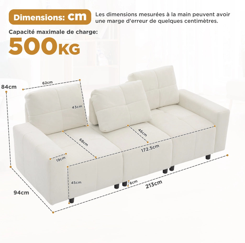 Divano letto 213x94x84 cm con schienale regolabile; 3 posti; in chenille beige bianco