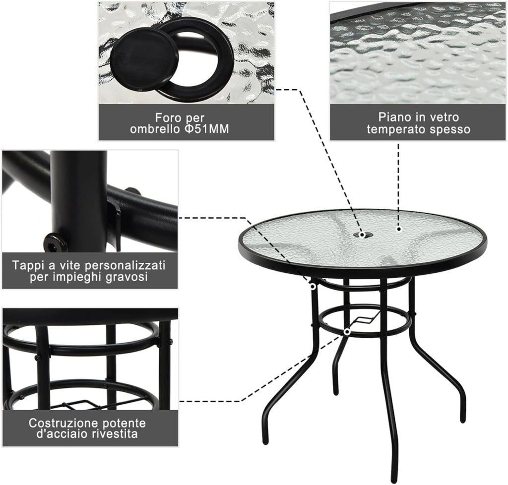 Tavolino da Giardino Rotondo con Foro per Ombrellone, Tavolino da Esterno in Metallo e Vetro, per Cortile Giardino Balcone, 81x81x71cm (Rotondo)