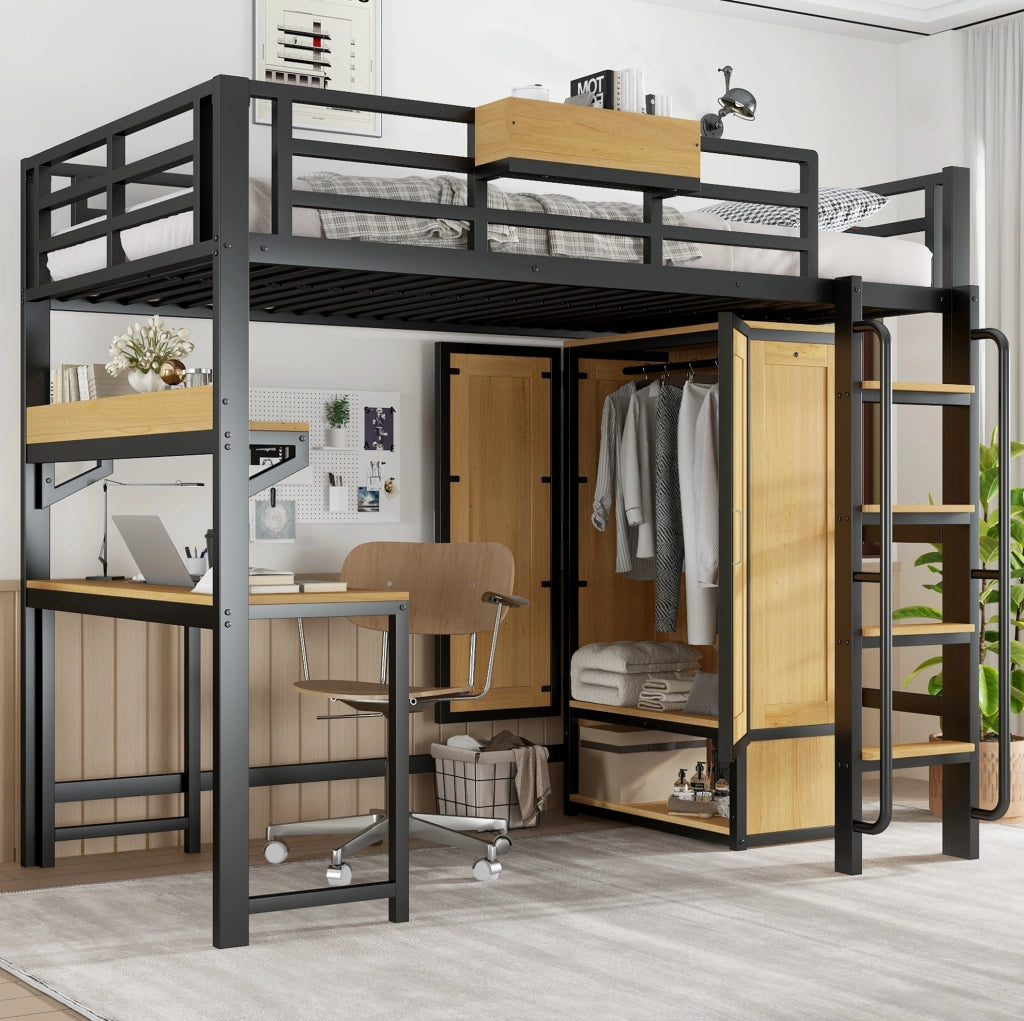 Letto a soppalco con armadio, scrivania e scaffale 90 x 200 cm