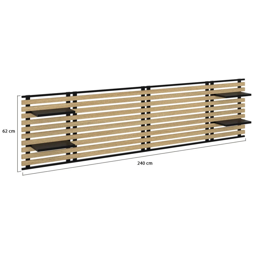 IDMarket - DETROIT Cabecero de lamas de 240 CM y estantes negros de diseño industrial