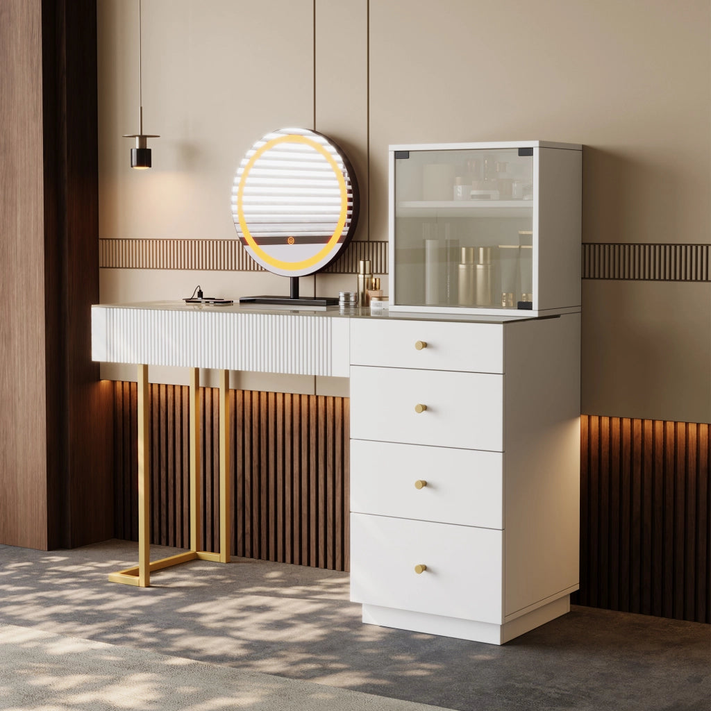 Toeletta moderna bianca con specchio illuminato, vetro temperato, 5 cassetti e armadietto