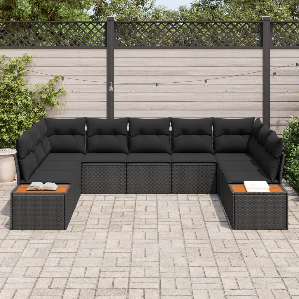 Set di divani da giardino 9 pezzi con cuscini Rattan nero Acacia