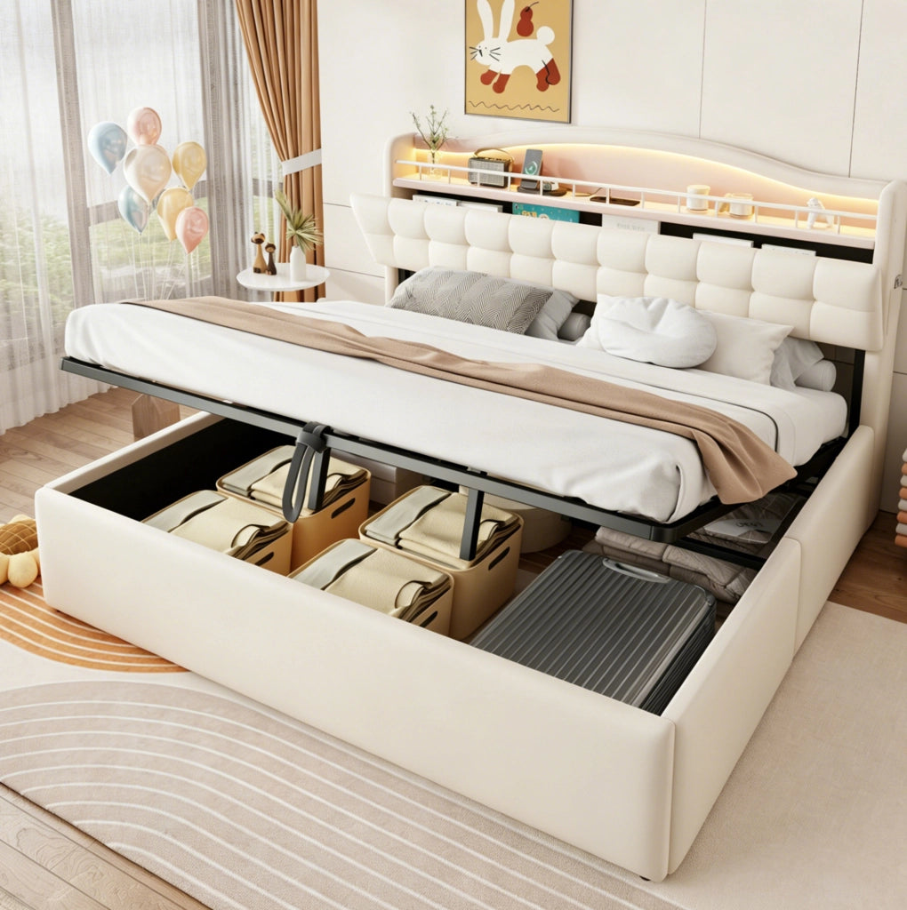Letto imbottito 180x200 cm con contenitore idraulico e LED