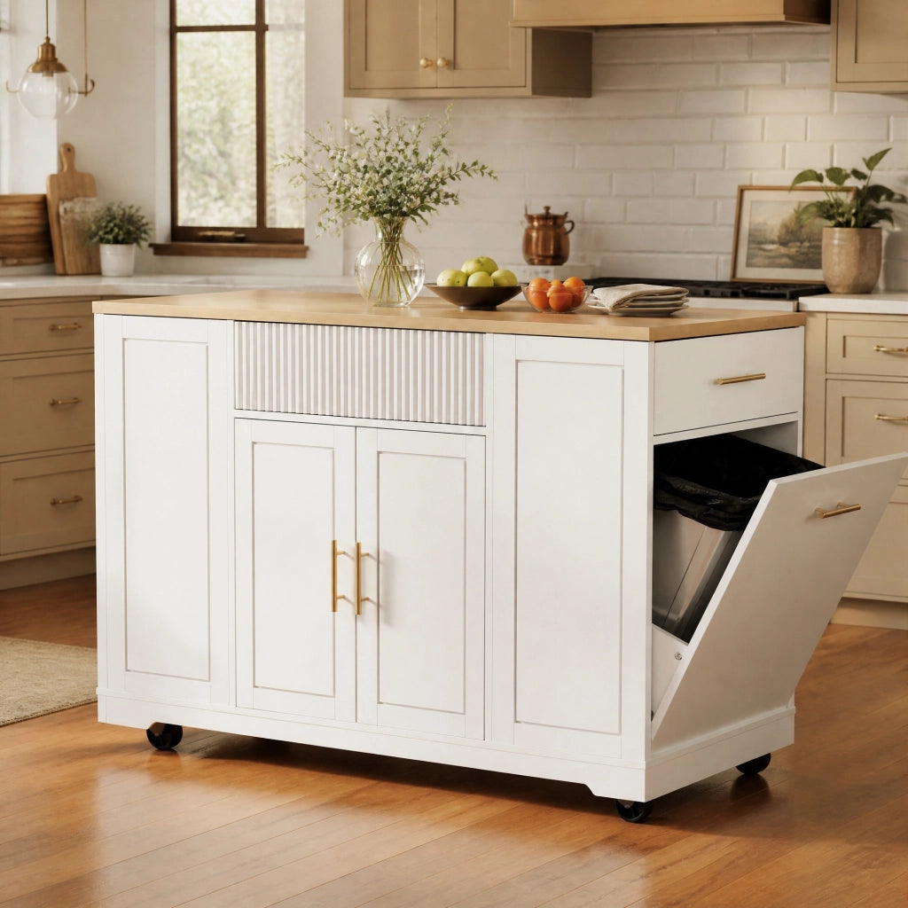 Isola da cucina mobile bianca 120x50x92 cm con cassetti, ante e vano rifiuti