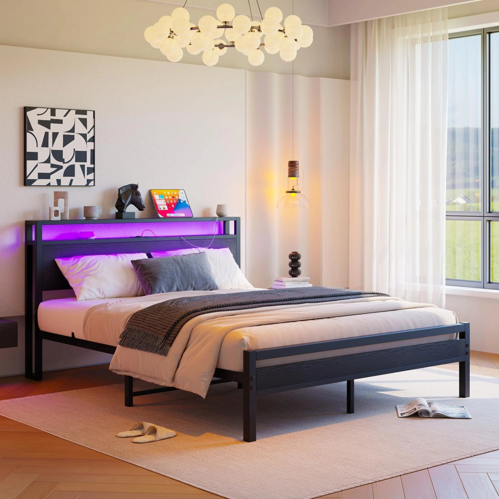 LETTO 140x190 cm con contenitore, USB e LED, MDF e metallo Nero