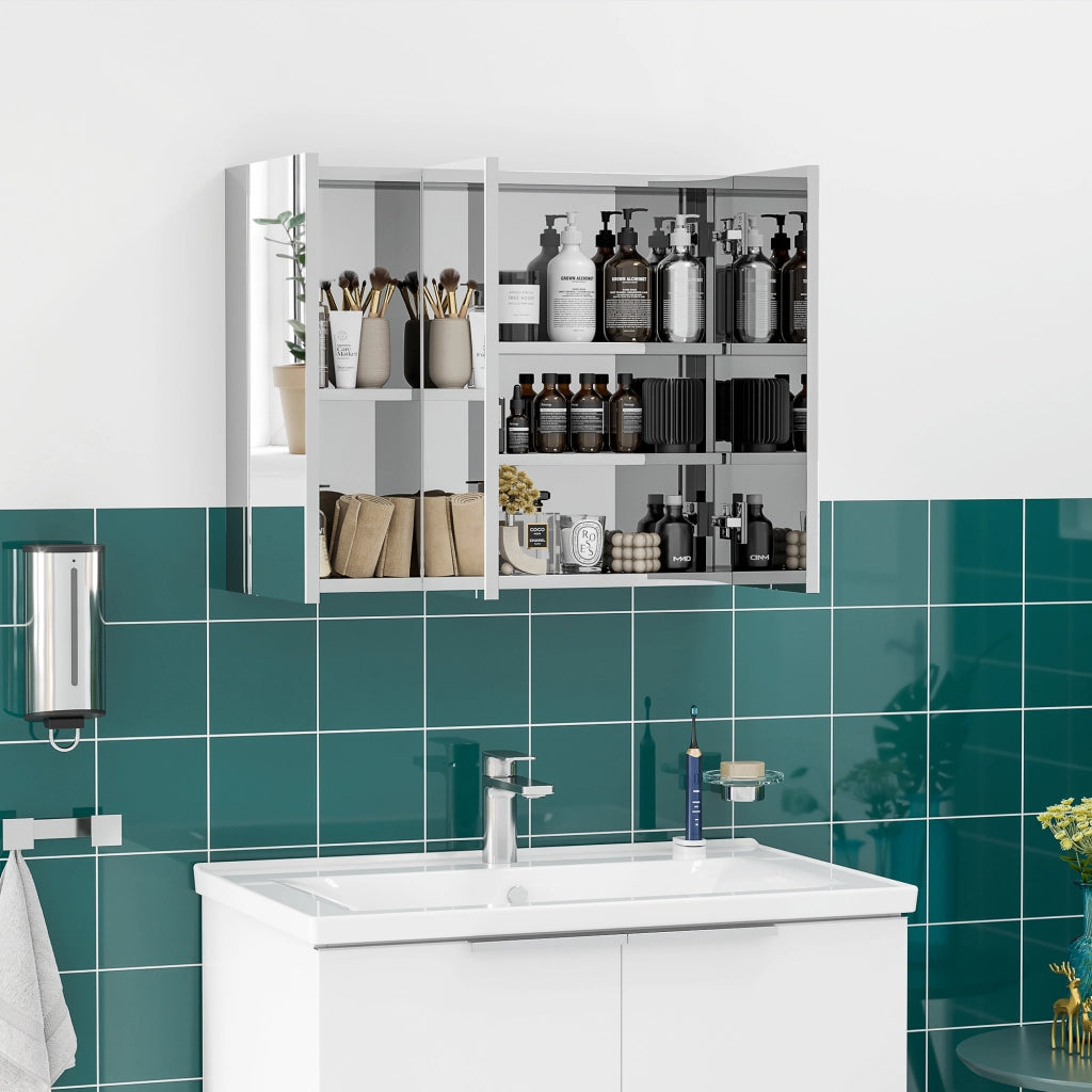 Armadietto specchio bagno ¨C Xylo ¨C 3 ante a specchio, 5 ripiani, acciaio inox, argento, 70x12x55 cm