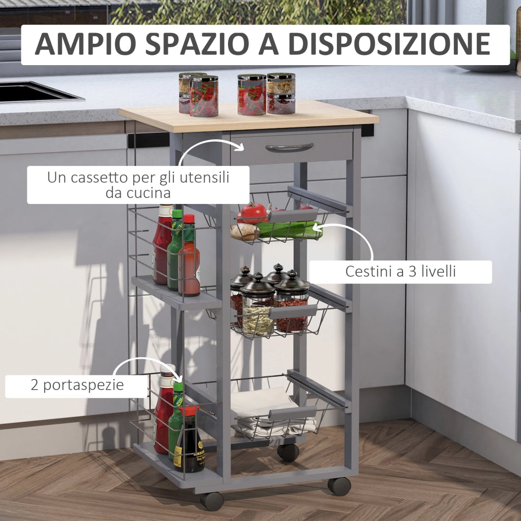 Carrello da Cucina con Cassetti e Portabottiglie ¨C zephmum ¨C Legno di Pino e Metallo 47x37x83