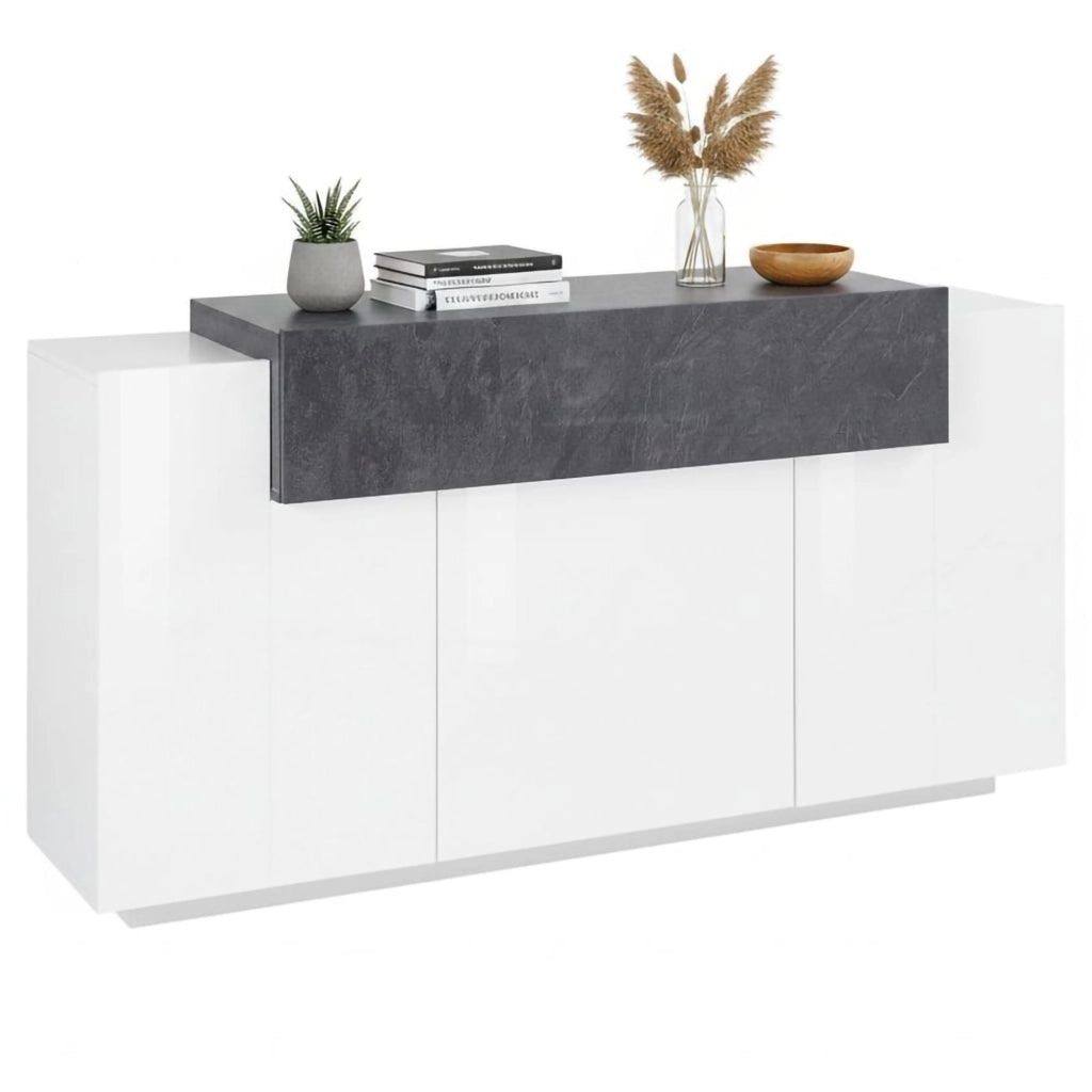 Credenza moderna a 4 ante con Aschly, Made in Italy, Madia da cucina, Buffet di design da soggiorno, cm 160x45h86, colore Bianco lucido e Grigio Cenere