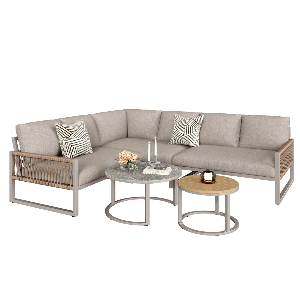 Set giardino 6-7 persone: Divanooo angolare; ferro zincato; piedini regolabili; cuscini inclusi; beige