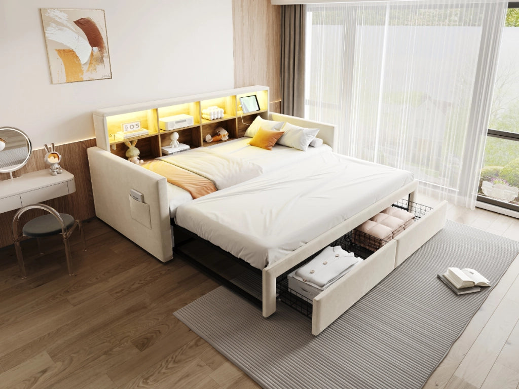 Letto imbottito estraibile 90x190 cm in velluto beige con testiera contenitore, luci LED, prese USB/Type-C, 2 cassetti e rete a doghe