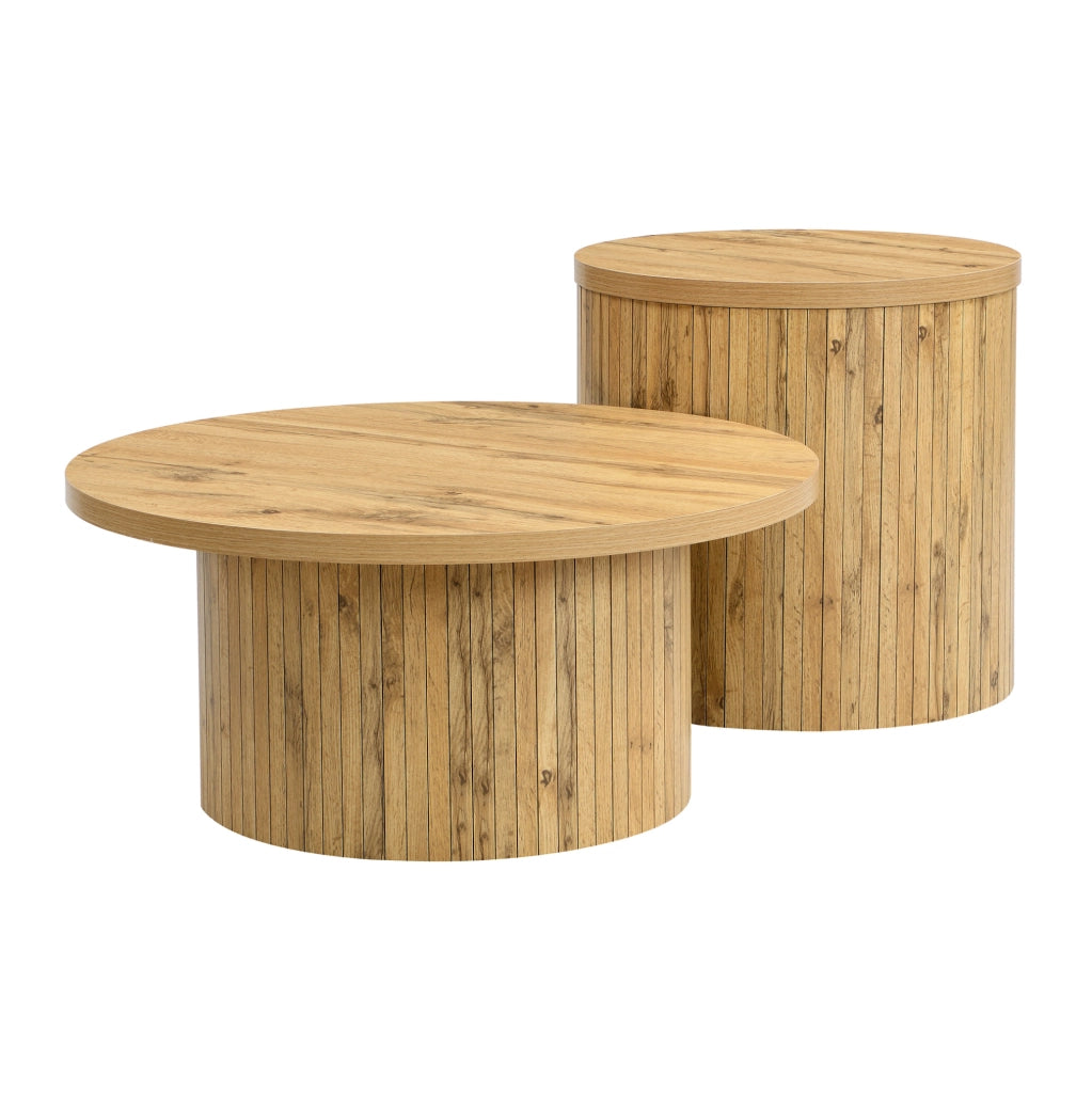 Set tavolini da salotto rotondi in MDF effetto legno naturale; 75x75x36 cm e 50x50x50;5 cm