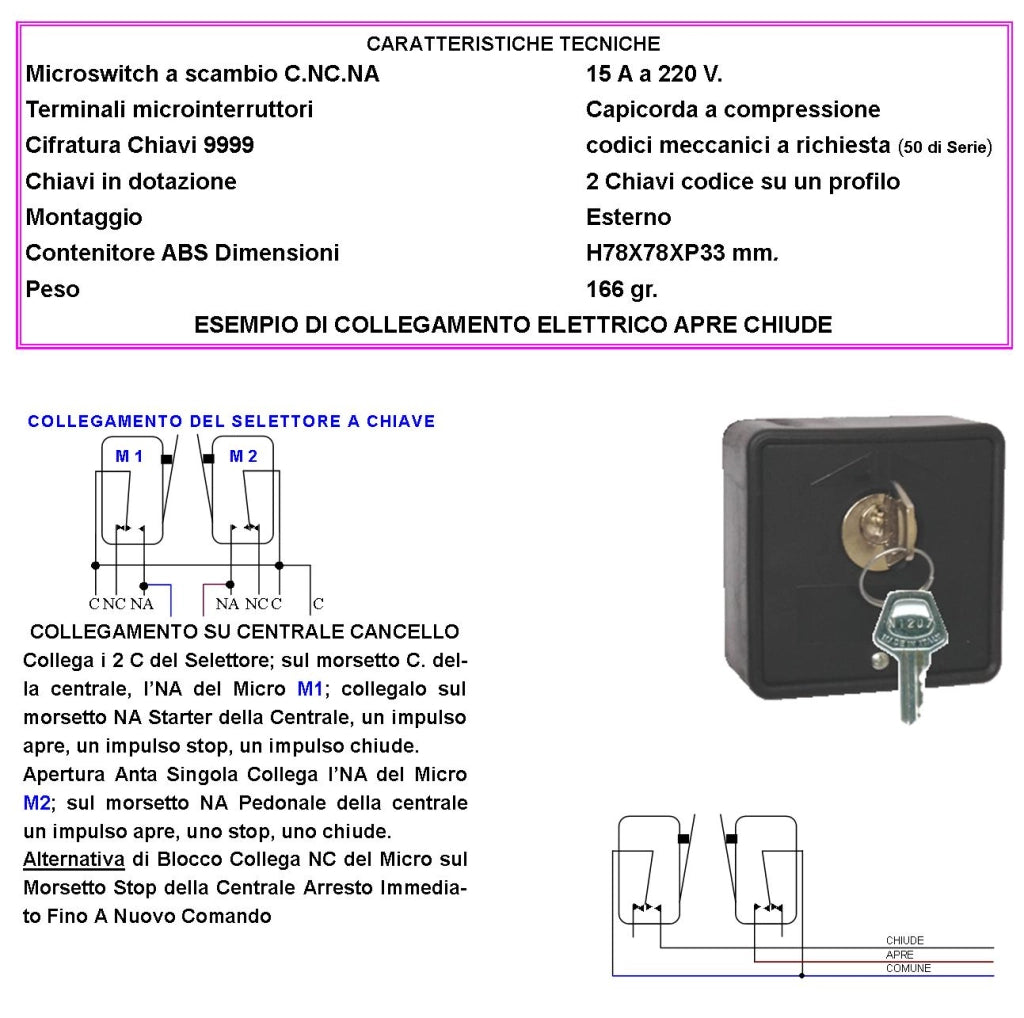 Selettore 2 Pezzi 4 Chiavi Stesso Codice Interruttore Ritorno a Molla 3 Posizioni Apre Stop Chiude 15 A Isolamento 250 V Apertura Condominiale Pedonale Montaggio Esterno a Parete Comando Automatismi